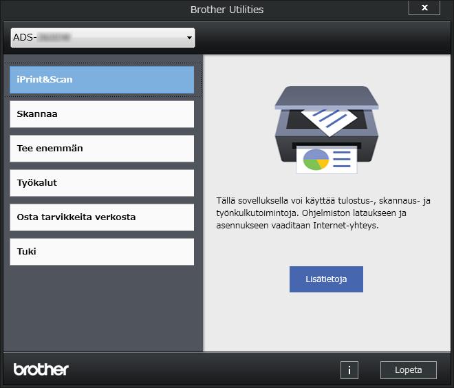 Yleistietoja Brother Utilities -toiminnon käyttäminen (Windows ) 1 Brother Utilities on sovellusten käynnistin, jonka avulla tietokoneeseen asennettuja Brother-sovelluksia on kätevä käyttää.