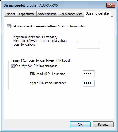 Verkon valmisteleminen tietokoneella skannausta varten 4 Osoita Scan To -painike -välilehteä ja kirjoita tietokoneesi nimi Näyttönimi-kenttään. Laitteen kosketusnäytössä näkyy kirjoittamasi nimi.