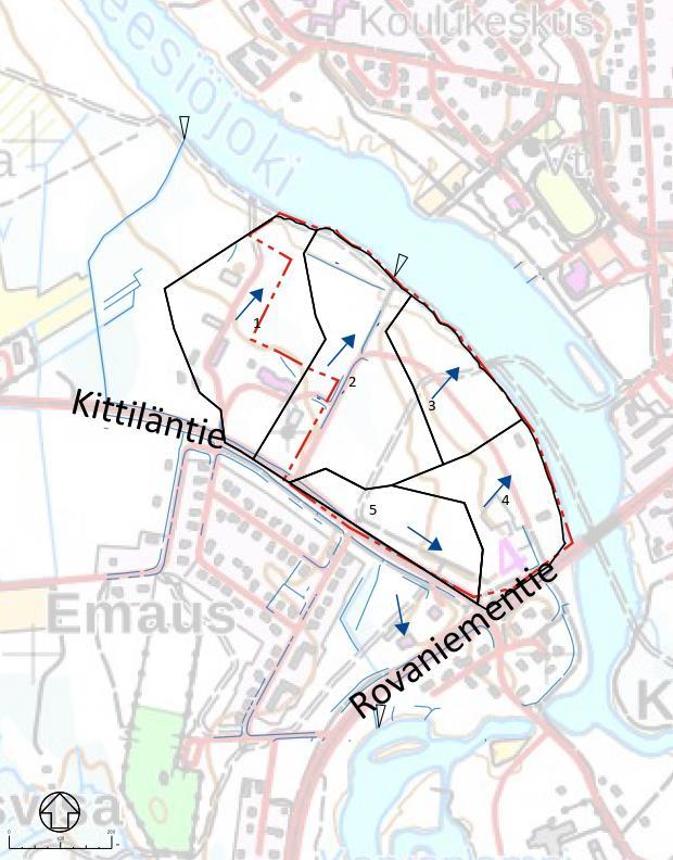 26.9.2016 4 (9) Kuva 2 Alueelliset valuma-alueet (5 kpl) ja virtausreitit (Liite 1). Valuma-aluerajat mustalla, kolmio osoittaa purkupisteen sijainnin, punaisella suunnittelualueen raja.