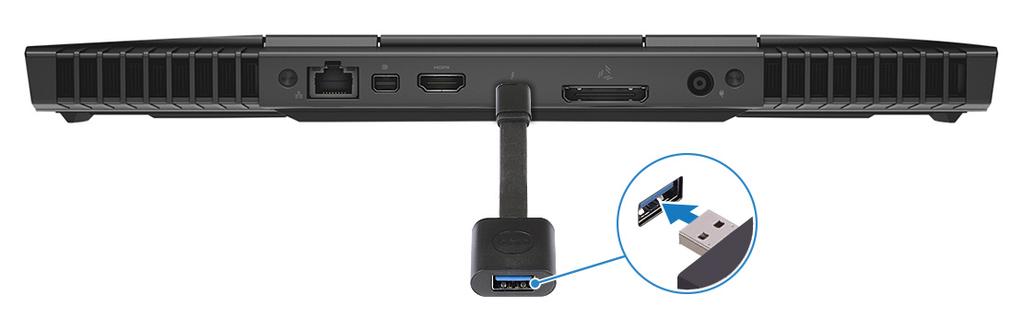 5 Kytke Oculus Rift -seurain tietokoneen vasemmassa laidassa olevaan A-tyyppiseen USB-porttiin. 6 Kytke USB Type-C Type-A -käyttöavain ja tietokoneen vasemmassa laidassa olevaan USB 3.