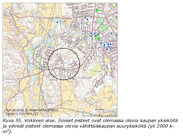 Keskustatoimintojen alueiden ulkopuoliset (km) suuryksiköt