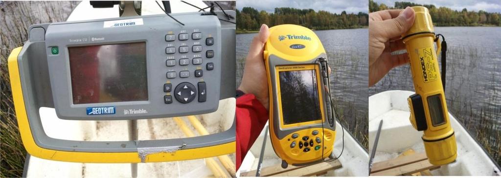 Kuva 13. Vasemmalla tarkkuusgps:ään kuuluva maastotietokone, keskellä Trimble GeoXT GeoExplorer 2008 Series käsigps ja oikealla Hondex PS-7 -syvyysmittari.