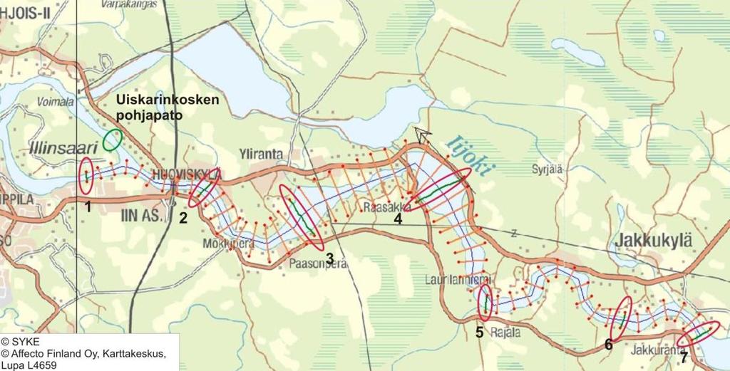 Kuva 19. Määritetyt poikkileikkaukset ja niiden välille HEC-RAS:issa interpoloidut poikkileikkaukset.