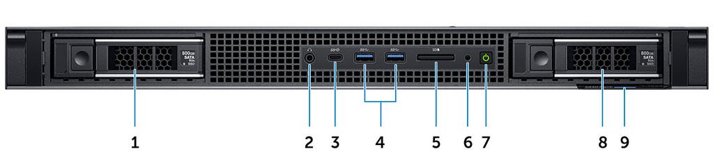 2 Kotelo yleisesti Näkymä edestä 1 Kiintolevyn paikka 0 2 Ääniportti 3 USB Type-C 3.1 Gen2 -portti 4 USB Type-A 3.