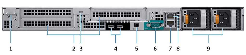 Huoltomerkki Näkymä takaa 1 Riippulukkorenkaat 2 Laajennuskorttipaikat 3 Suojakaapelin paikka 4 USB Type-C 3.