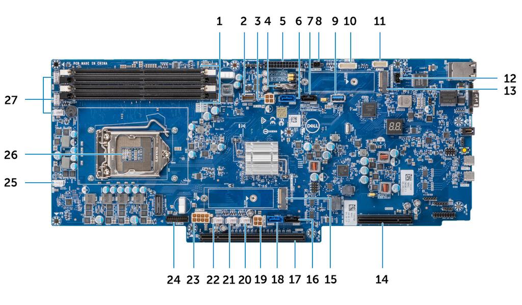 Emolevyn kuvaus 1 Muistipaikat 2 Etupaneelin HSD-merkkivalo 3 Vasen SATA-virtaliitin 4 Nappiparisto 5 Virranjakokortin virtaliitin 6 SATA 0 -liitin 7 SATA 1 -liitin 8 Virtaliitin 1 9 USB Type-A 3.