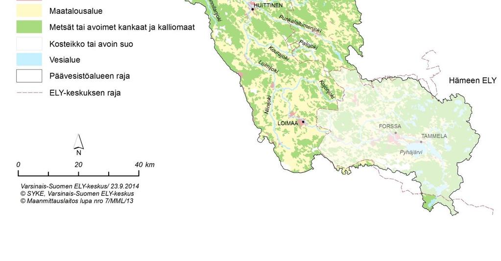 Ehdotus Kokemäenjoen alaosan Loimijoen osa-alueen pintavesien toimenpideohjelmaksi vuosille 2016-2021 Kuva 4. Kokemäenjoen alaosan Loimijoen osa-alueen maankäyttö.