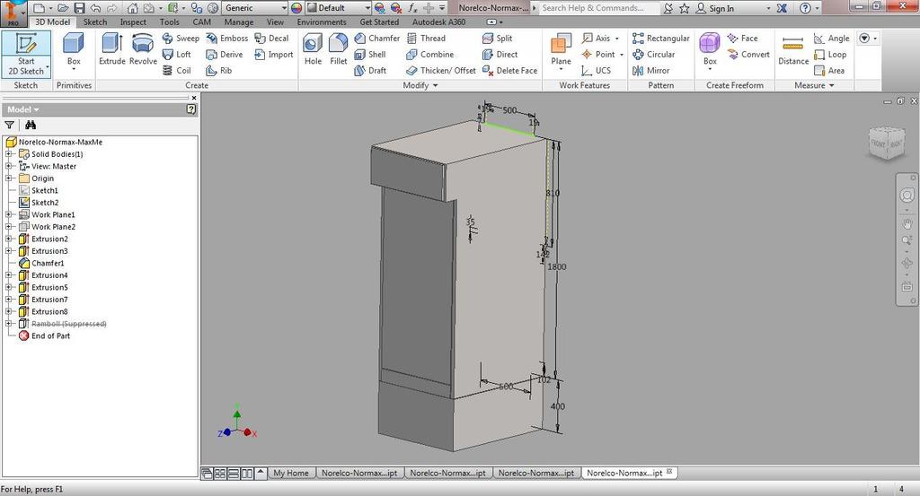 Objektin suunnittelunäkymä (sketch) Autodesk Inventorissa. Kuva 5. Suunnittelunäkymä, kun objektissa on pursotettuja geometrioita.