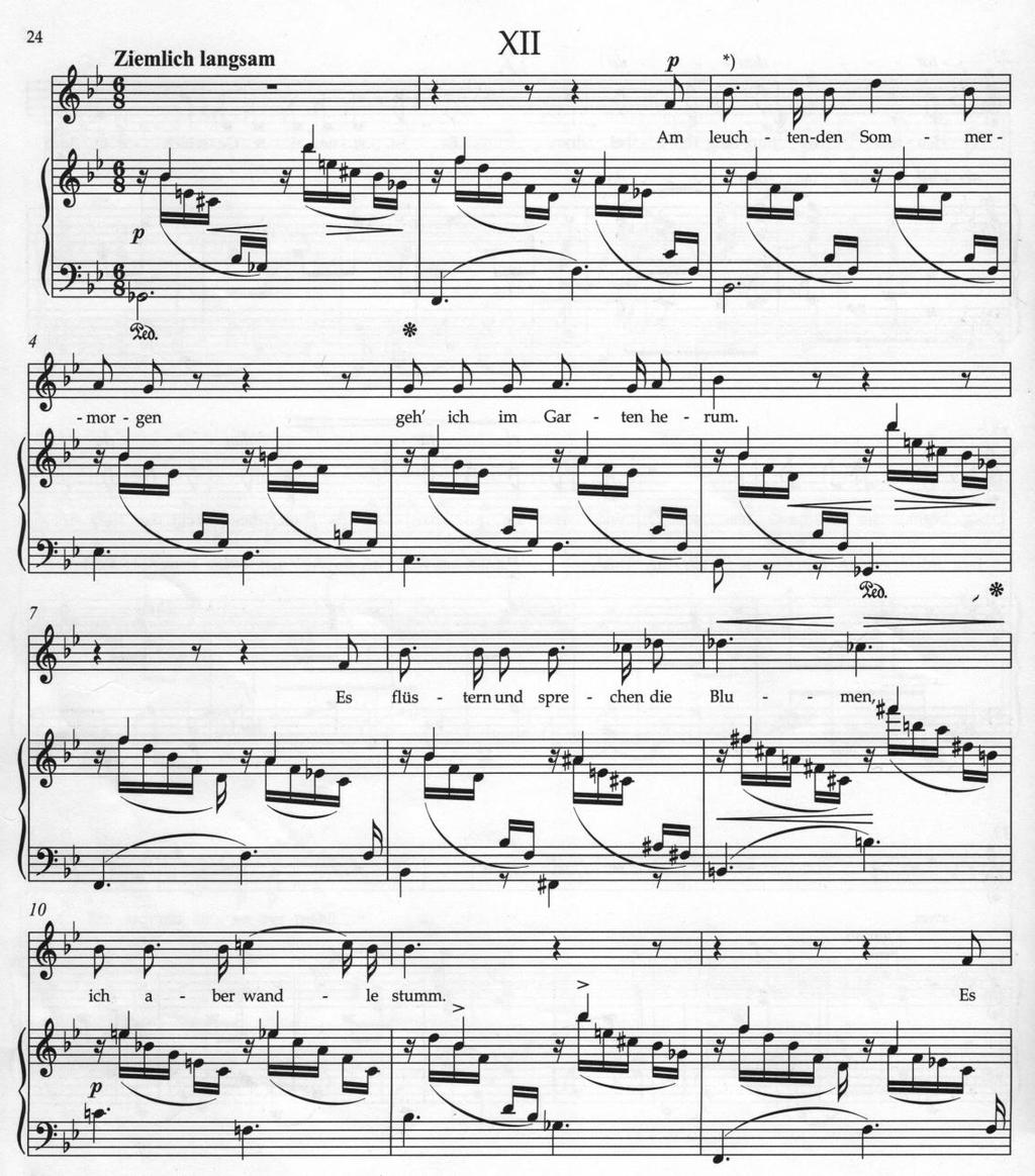 19 KUVIO 5: Am leuchtenden Sommermorgen, tahdit 1-12. Schumann erottelee vielä selvemmin kohdan, jossa kukat puhuttelevat suoraan runoilijaa.