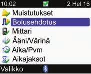 9 Mittarin asetusten muuttaminen 1 2 3 Valitse päävalikosta Asetukset ja paina. Valitse Bolusehdotus ja paina.