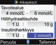 9 Mittarin asetusten muuttaminen 1 2 3 5 8 selaa alas 4 6 7 9 1. Aikajakson alkamisaika 2. Aikajakson päättymisaika 3. Tavoitealueen alaraja-arvo 4. Tavoitealueen yläraja-arvo 5.