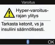 Jos mittaustulos alittaa hypo-varoitusrajan, mittarin näyttöön ilmestyy Alle hypovaroitusrajan -ilmoitus.