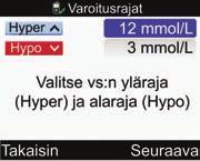 3 Aloittaminen Kellonajan muuttaminen: Valitse Kellonaikasyöttökenttä ja paina. Aseta tunnit ja paina. Aseta minuutit ja paina. Jos kellonajan muotona on 12 t, valitse ap. tai ip. ja paina. Päivämäärän muuttaminen: Valitse Pvm syöttökenttä ja paina.