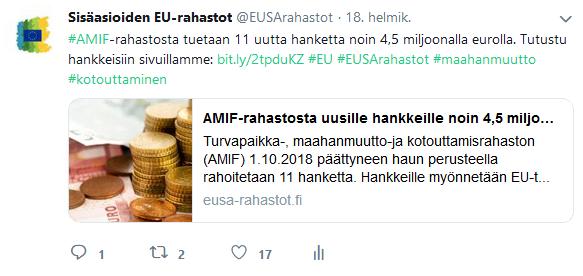 EUSA-rahastojen oma Twitter-tili Tviittaamme hauista,