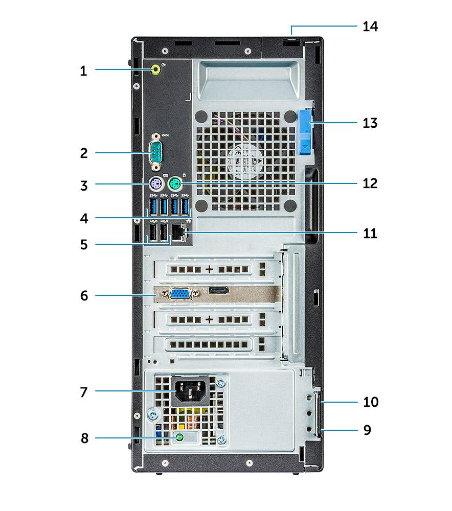 Näkymä koteloon takaapäin Ryzen Pro CPU 1 Linjalähtöportti 2 Sarjaportti 3 PS/2-näppäimistöportti 4 USB 3.1 Gen1 -portti 5 USB 2.