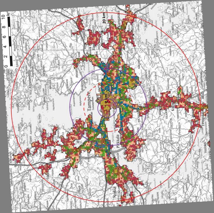 KAUPUNKIJÄRJESTELMÄT CITY FABRICS Kaupunkiseutu 20 km Urban Zone UZ vyöhykkeet LIIKENNEVYÖHYKKEET Service Zones of Public Transport Walking