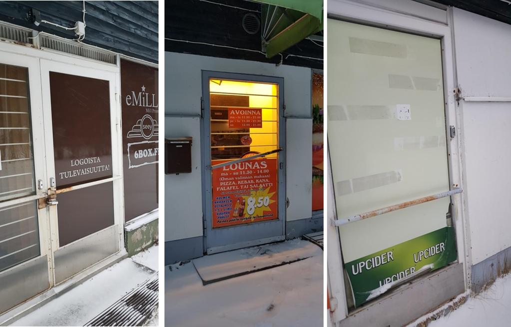 Kuvat 34, 35 ja 36: Pääjulkisivun pariovi, ravintolan käyntiovi, henkilökunnan taukotilan ulko-ovi