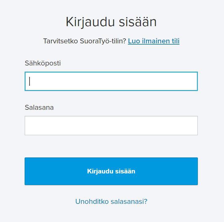 3. Kun kirjaudut palveluun seuraavan kerran, siirry osoitteeseen https://www.suoratyo.fi/. Suosittelemamme selaimet ovat Google Chrome ja Mozilla Firefox. Virallisesti tuemme kahta uusinta versiota.