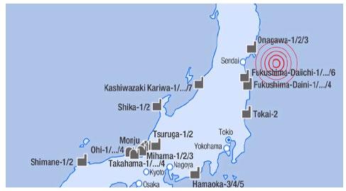 Maanjäristysalueen voimalaitokset Maanjäristyksen vaikutusalueella on 4 ydinvoimalaitospaikkaa: Onagawa Fukushima Dai ichi Fukushima Dai ni Tokai Maanjäristys ei aiheuttanut merkittäviä vahinkoja