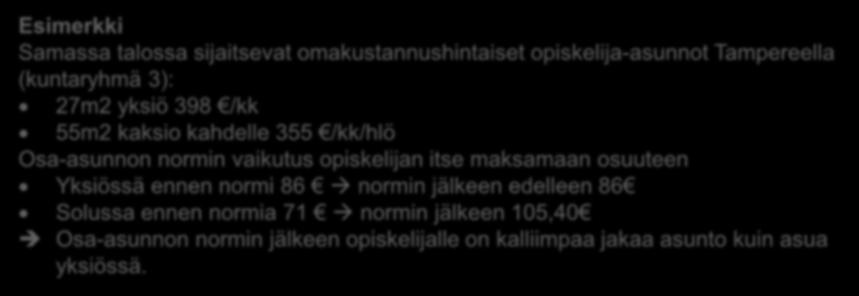 Eduskunnan lausuma HE 231/2016 yhteydessä Vähentää suoraan soluasumisen kannustimia: Osa-asunnon normin takia opiskelijalle tulee monesti edullisemmaksi asua yksiössä soluasunnon sijaan.