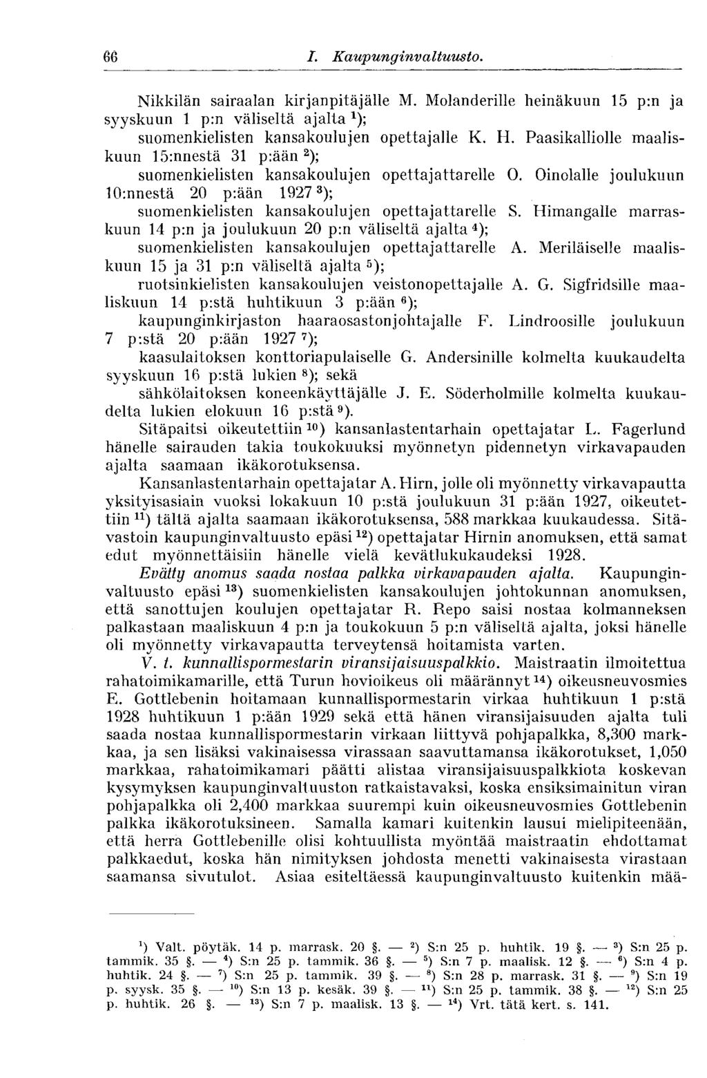 66 I. Kaupunginvaltuus to. Nikkilän sairaalan kirjanpitäjälle M. Molanderille heinäkuun 15 p:n ja syyskuun 1 p:n väliseltä ajalta 1 ); suomenkielisten kansakoulujen opettajalle K. H.