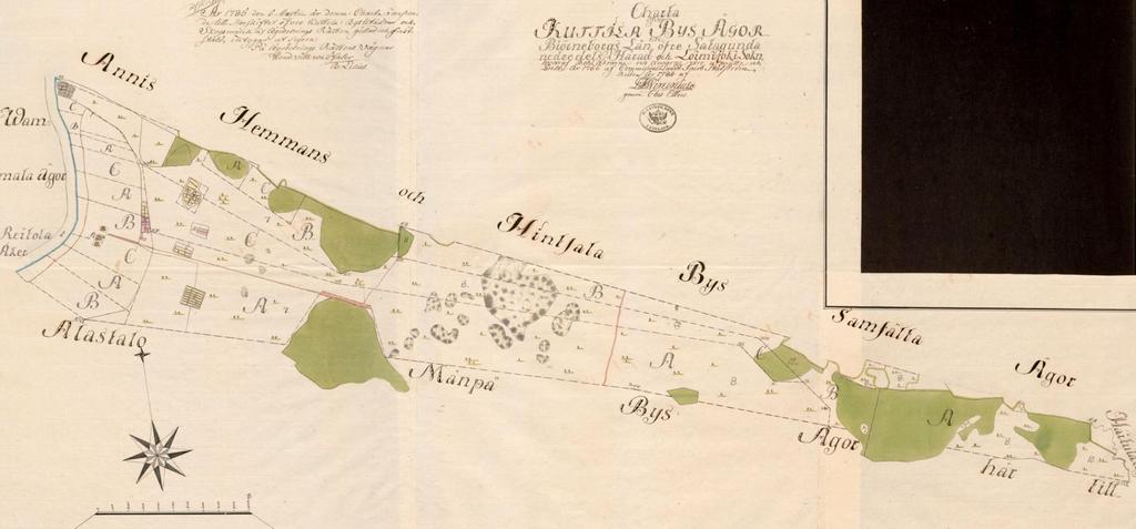 Kartta: Kansallisarkisto, Maanmittaushallitus > Maanmittaushallituksen uudistusarkisto > Loimaan maalaiskunta > Kuttila; Isojako 1766-1784 (A55:22/1-5) Vuonna 1630 Kuttilan metsämaa