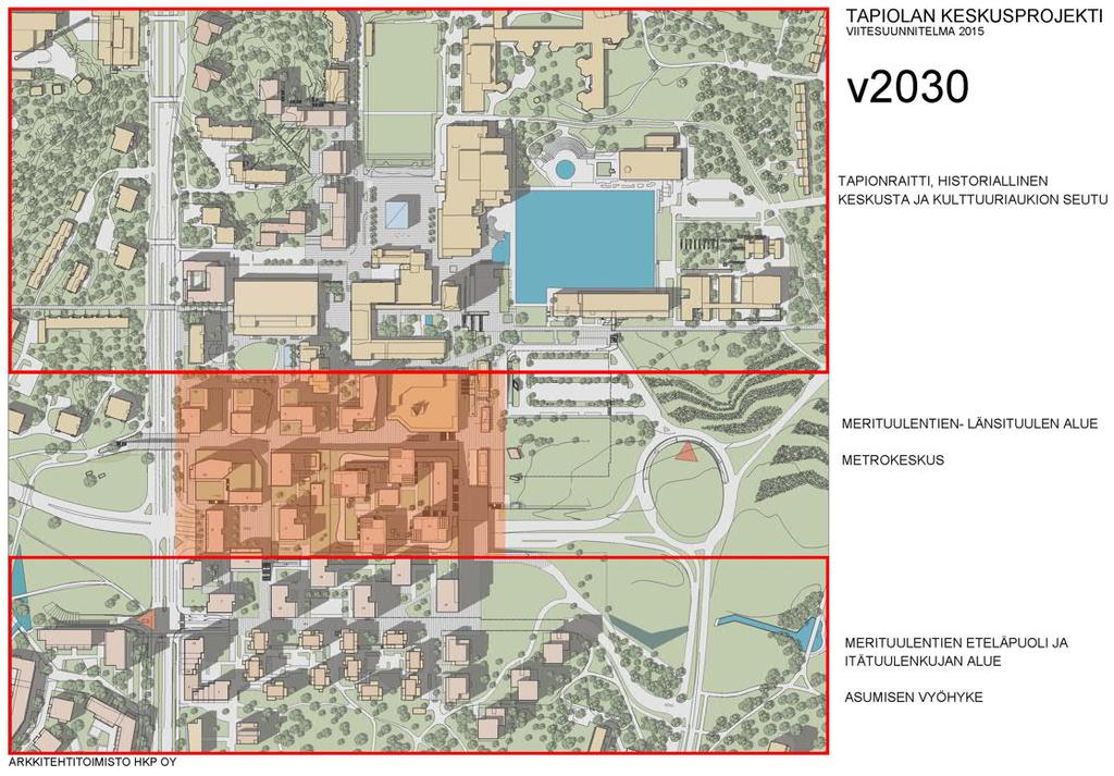 12 (40) Kuva 7: Tapiolan keskusprojekti, viitesuunnitelma. Visioitu tilanne Tapiolan keskuksessa vuonna 2030. Kaavamuutosalueen sijainti on merkitty suunnitelmaan pinkillä katkoviivalla.