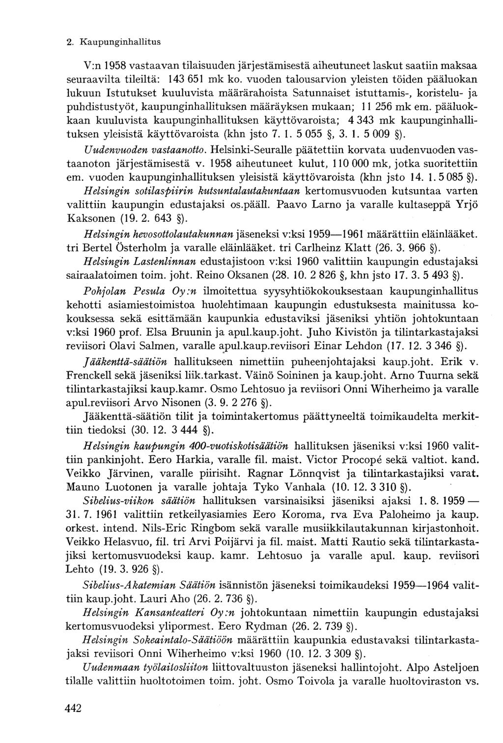 V:n 1958 vastaavan tilaisuuden järjestämisestä aiheutuneet laskut saatiin maksaa seuraavilta tileiltä: 143 651 mk ko.