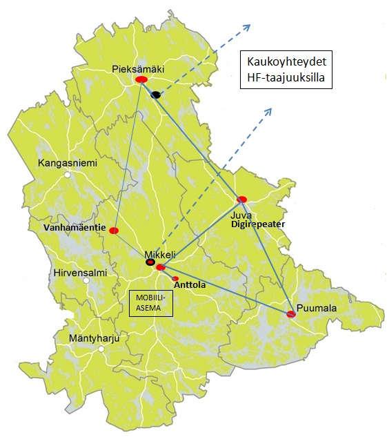 4 Harjoituksen yhteyskaavio 2.1. Puheyhteydet (VHF) Puheyhteyksissä käytettiin Tuukkalanvuoren mastossa olevaa radioamatöörien puhetoistinta.