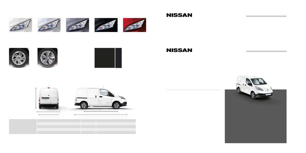 VÄRIT White (S) - QM1 Silver (M) - KL0 Grey (M) - K51 Black (M) - GN0 Red (S) - Z10 VANTEET VERHOILU HUOLTOSOPIMUS Nissan Huoltosopimus on paras tapa tarjota Nissan e-nv200:lle sen arvoista huoltoa!