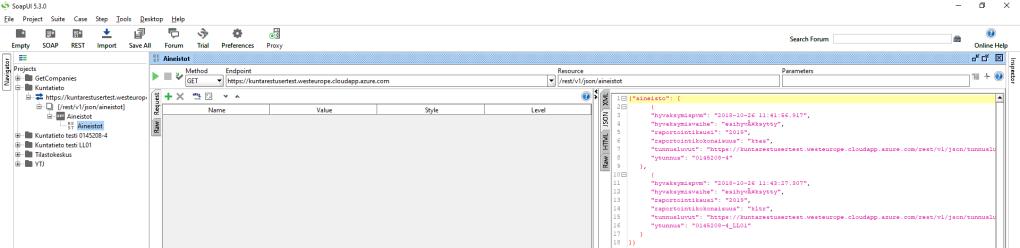 Kuva 20 JSON-muotoinen aineistotietojen haku Internet Explorerilla Esimerkki 3. JSON-muotoinen aineistotietojen haku SoapUI-sovelluksella.