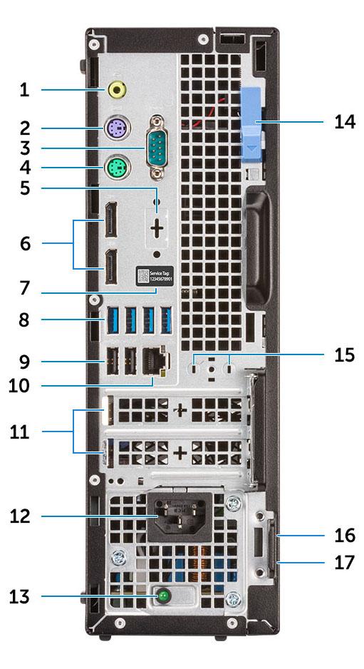 Back view 1 Line-out port 2 PS/2 keyboard port 3 Serial port (optional) 4 PS/2 mouse port 5 DisplayPort/HDMI 2.0b/VGA/USB Type-C Alt-Mode (optional) 6 DisplayPorts 7 Service tag 8 USB 3.