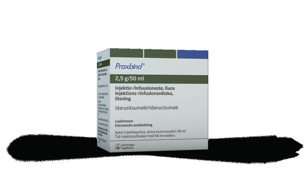 Praxbind (idarusitsumabi) Praxbind annostelu Praxbind (idarusitsumabi) Annostus Pradaxan (dabigatraanieteksilaatti) spesifinen antidootti Annos on 5 g Käyttöaiheena Pradaxa-hoidon