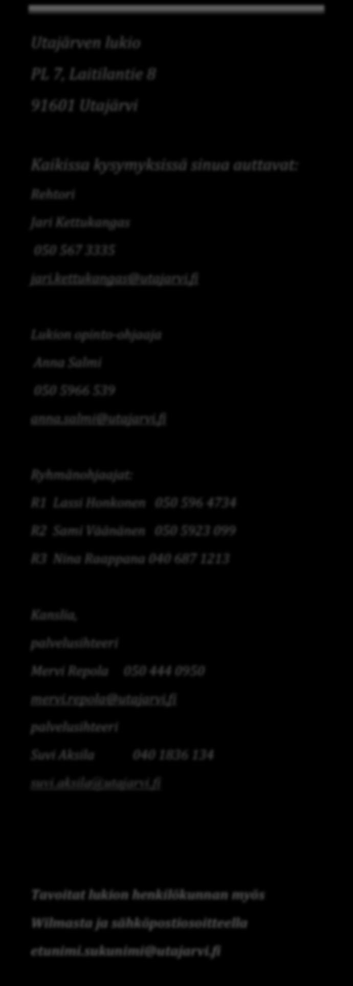 fi Ryhmänohjaajat: R1 Lassi Honkonen 050 596 4734 R2 Sami Väänänen 050 5923 099 R3 Nina Raappana 040 687 1213 Kanslia, palvelusihteeri Mervi