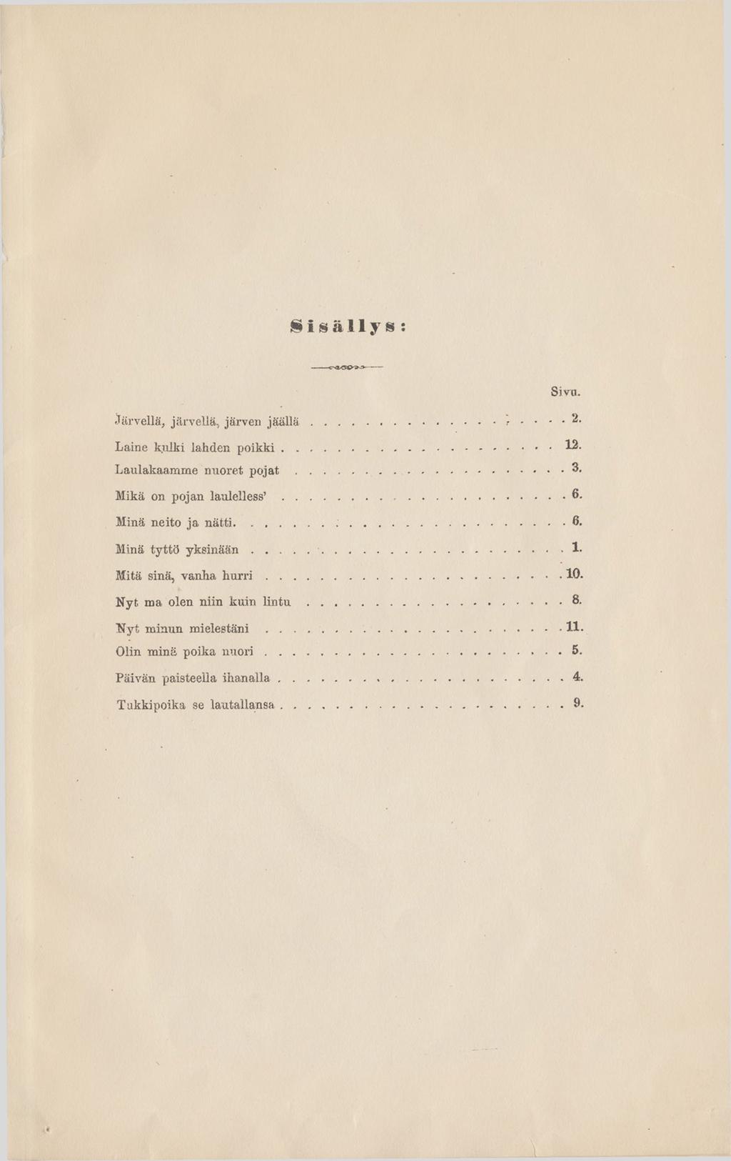 S i s ä l l y s : Sivu. Järvellä, järvellä, järven j ä ä l l ä... r.... 2. L aine kulki lahden p o ik k i...12- L aulakaam m e nuoret p o j a t... 3- M ikä on pojan la u lelless... 6.