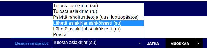 Sopimusten lähettäminen allekirjoitettavaksi Valittuasi allekirjoitustavan ja täytettyäsi tarvittavat sähköpostiosoitteet voit lähettää sopimuksen valitsemalla alhaalta Lähetä asiakirjat sähköisesti.