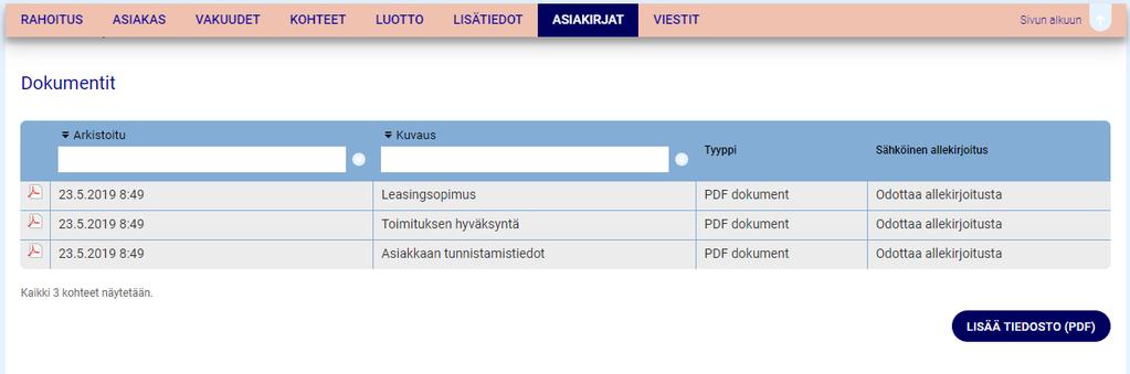 Alla näkyy tilanne, jossa myyjä on jo allekirjoittanut sopimuksen, mutta asiakkaan kappaleet odottavat vielä allekirjoitusta.