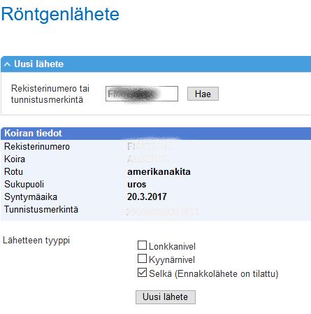 Röntgenlähete ennakkolähete on tehty - Lähete haetaan rekisterinumerolla tai tunnistusmerkinnällä. - Tilattu lähete näkyy valmiiksi ruksittuna ja perässä teksti Ennakkolähete on tilattu.