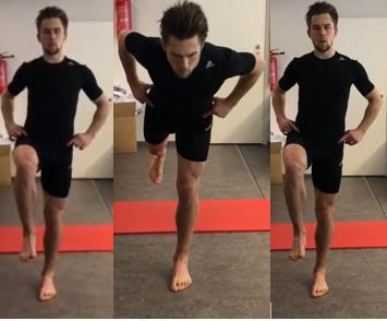Single leg high testin löydöksiin. Liikkeen tavoitteena on kehittää lannerangan ja lantion hallintaa sekä polven noston myötä lonkan ulkorotaation hallintaa.