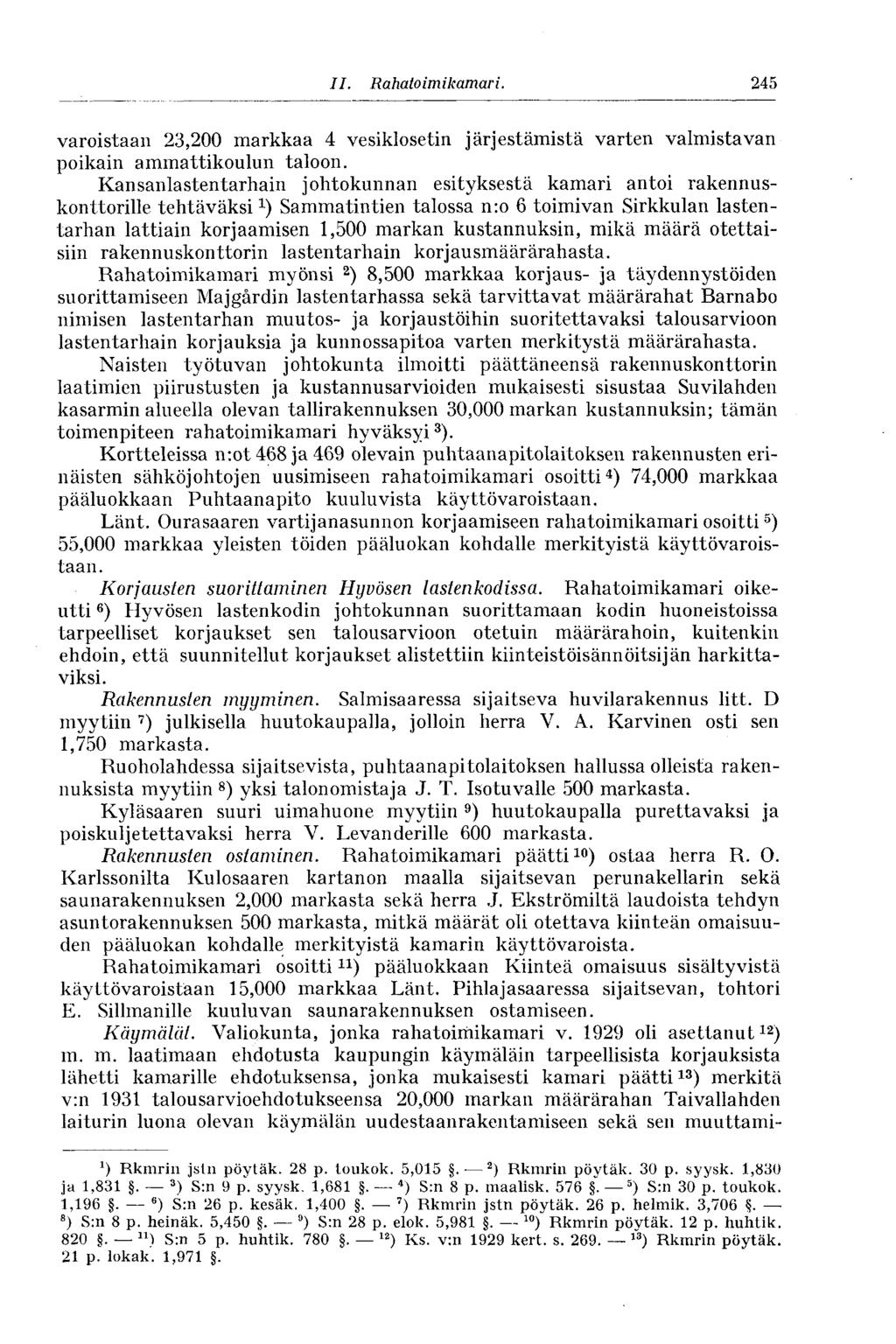 II. - Rahatoimikamari. 245 varoistaan 23,200 markkaa 4 vesiklosetin järjestämistä varten valmistavan poikain ammattikoulun taloon.