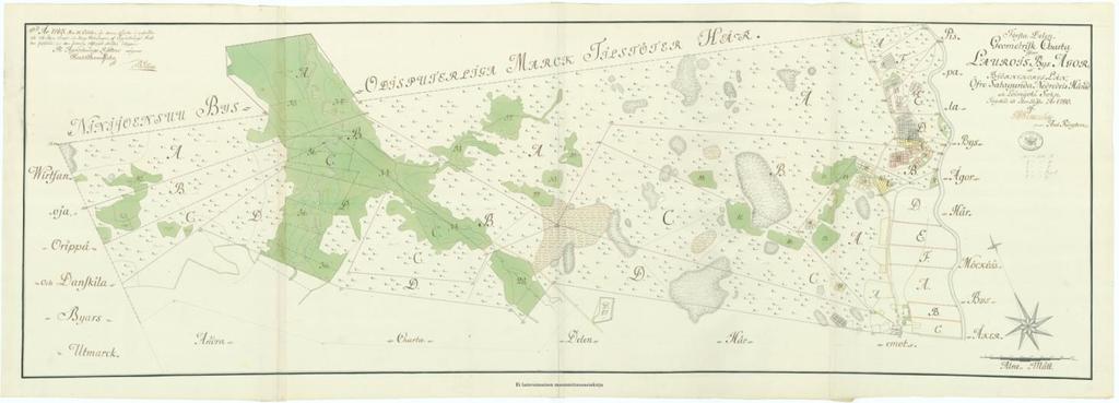 Niityt Kartta: Kansallisarkisto, Maanmittaushallitus > Maanmittaushallituksen uudistusarkisto > Alastaro > Lauroinen; Isojaon kartta ja jakokirja 1770-1780 (A3:9-1-7) Rajaoja Tervaoja Perko