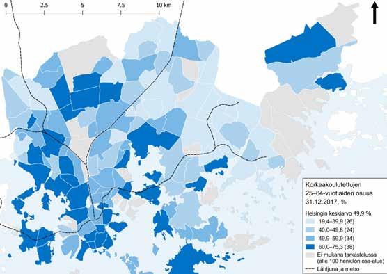 Keskiasteen tutkinnon suorittaneita asui eniten Jakomäen, Mellunkylän ja Suutarilan peruspiireissä.