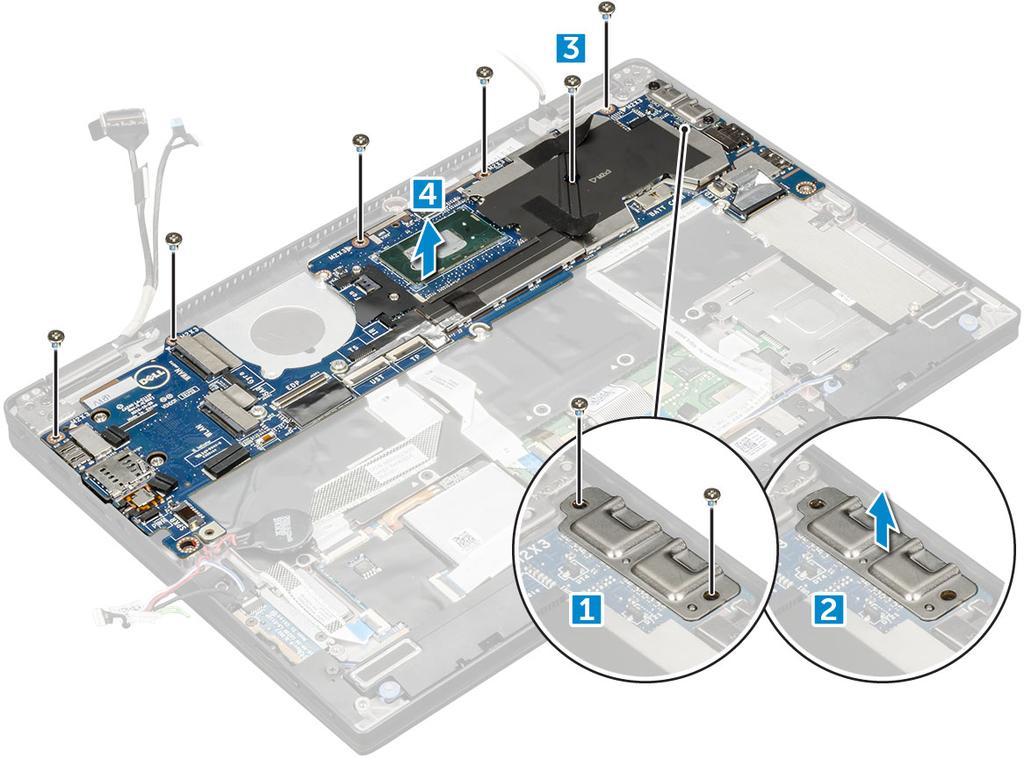 Emolevyn asentaminen 1 Kohdista emolevy tietokoneen ruuvinpidikkeiden kanssa. 2 Asenna ruuvit (M2.0 x 3.0), joilla emolevy kiinnittyy tietokoneeseen. 3 Aseta USB Type-C -pidike Type-C -moduuliin.