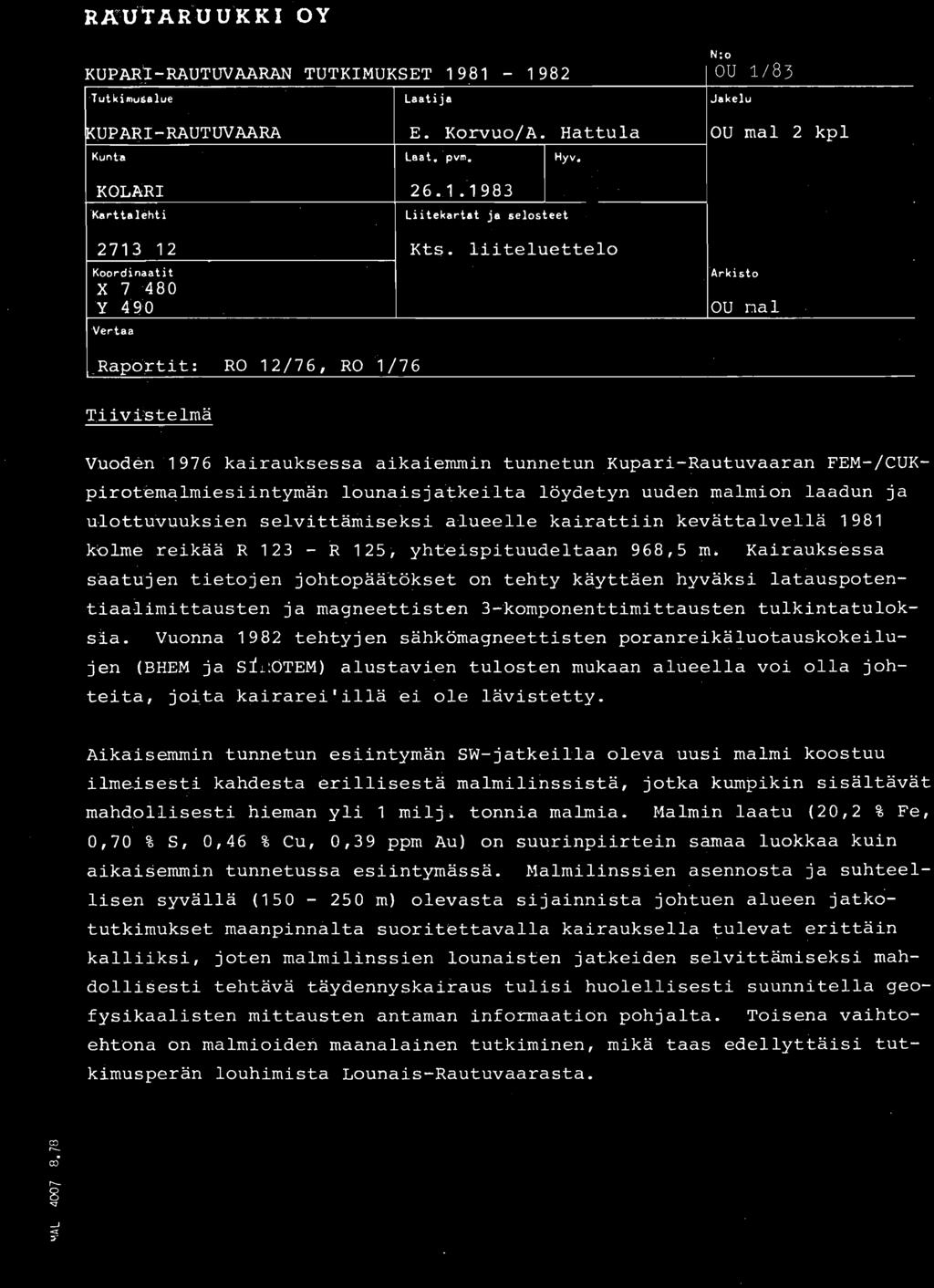 N:o KUPAR!-RAUTUVAARAN TUTKIMUKSET 1981-1982 ou 1/83 'Tutkilnuulue laatija Jakelu ~UPARI-RAUTUVAARA E. Korvuo/A. Hattula OU mal 2 kpl Kunb leat. 'pvm. HY V. KOL~RI 26.1.1 983 'KerttaJehti liitekertat ja selosteet -~ 9F 2713 12 Kts.