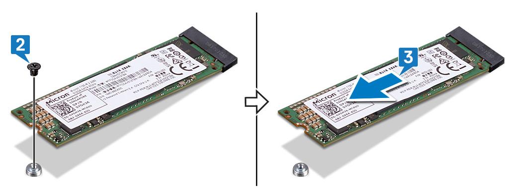 2 Irrota ruuvi (M2x3), jolla SSD-asema/Intel Optane -muisti on kiinnitetty näppäimistön suojaan.