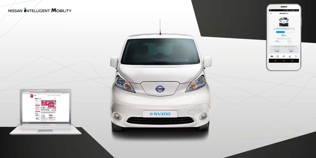 Pysy yhteydessä e-nv200:si NissanConnect EV yhdistää älypuhelimesi ja autosi. e-nv200 esimerkiksi lähettää puhelimeesi ilmoituksen kun lataaminen on päättynyt.