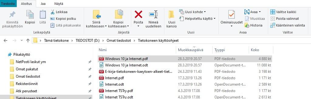 Valitaan haluttu tiedosto tai kansio. Pidetään Ctrl -näppäin pohjassa ja painetaan C kirjainta. Valitaan, minne halutaan Kopioida. Pidetään Ctrl -näppäin pohjassa ja painetaan V -kirjainta.