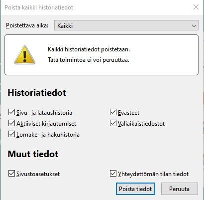 Valitaan Poista viimeaikaisia historiatietoja Valitaan poistettava aika, esim. Kaikki. Laitetaan ruksi haluttuihin kohtiin, yleensä kaikkiin. Valitaan Poista tiedot.