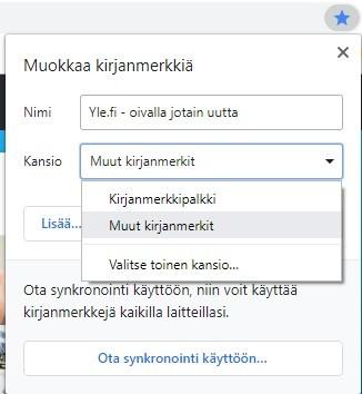 Chromen kirjanmerkit Kun auki oleva sivu halutaan tallentaa kirjanmerkkeihin, valitaan otsikko- ja hakukentässä oikealla oleva tähti: Tällöin aukeaa uusi pieni ikkuna, jossa voidaan valita