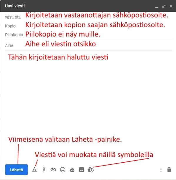 Symbolit vasemmalta oikealle: Muotoiluasetukset Liitä tiedostoja Lisää linkki
